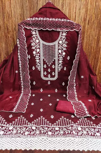 Manvaa women's maroon unstitched heavy thread embrodiery chanderi cotton dress material 