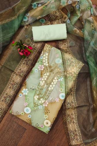 Manvaa women's green unstitched stylish sequence work organza dress material 