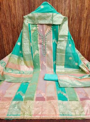 Manvaa women's multi jari weaving work banarasi jacquard dress material 4