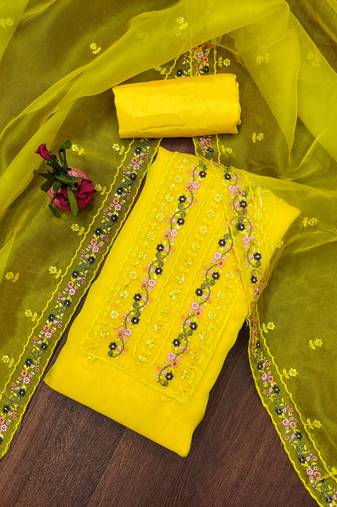 Manvaa women's yellow unstitched stylish sequence work organza dress material 