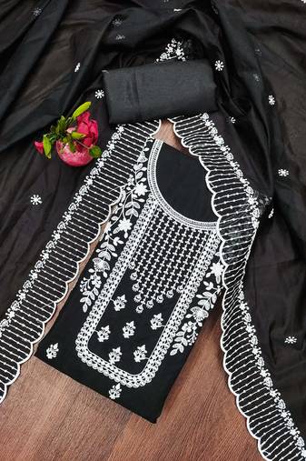 Manvaa women's black unstitched heavy thread embrodiery chanderi cotton dress material 