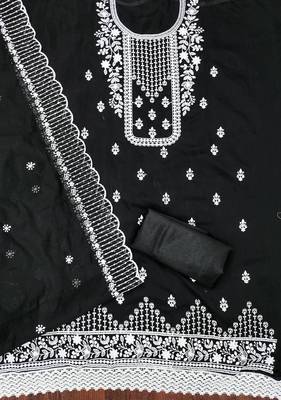Manvaa women's black heavy thread embrodiery chanderi cotton dress material 2