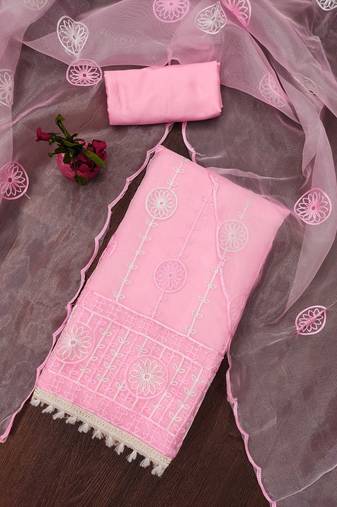 Manvaa women's baby pink unstitched multi thread embrodiery organza dress material 