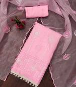 Manvaa women's baby pink unstitched multi thread embrodiery organza dress material 