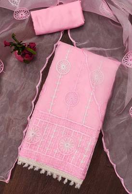 Manvaa women's baby pink multi thread embrodiery organza dress material 3