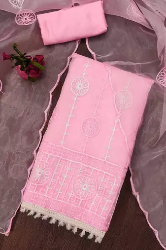Manvaa women's baby pink multi thread embrodiery organza dress material
