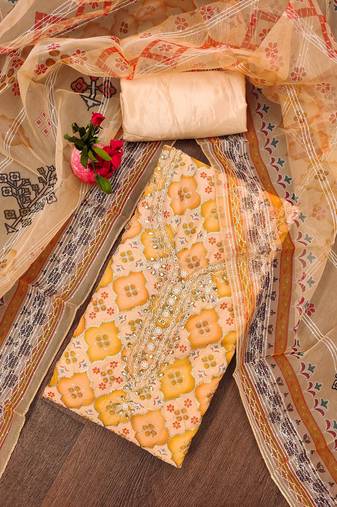Manvaa women's orange unstitched stylish sequence work with position printdress material 