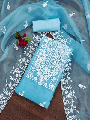 Manvaa women's sky blue unstitched heavy thread embrodiery organza dress material  1