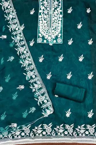 Manvaa women's teal heavy thread embrodiery organza dress material