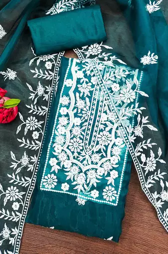 Manvaa women's teal heavy thread embrodiery organza dress material