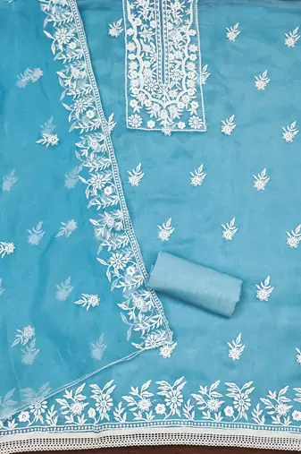Manvaa women's sky blue unstitched heavy thread embrodiery organza dress material 