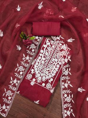 Manvaa women's red heavy thread embrodiery organza dress material 1