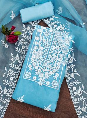 Manvaa women's sky blue unstitched heavy thread embrodiery organza dress material  3