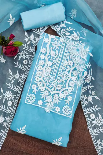 Manvaa women's sky blue unstitched heavy thread embrodiery organza dress material 