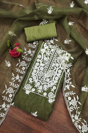 Manvaa women's olive unstitched heavy thread embrodiery organza dress material 