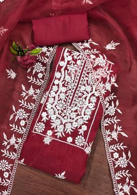 Manvaa women's red heavy thread embrodiery organza dress material 3