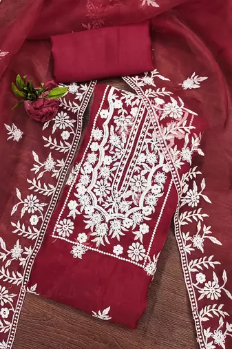 Manvaa women's red heavy thread embrodiery organza dress material