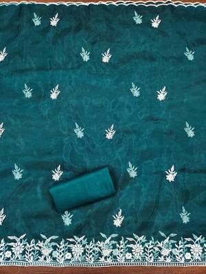 Manvaa women's teal heavy thread embrodiery organza dress material 5