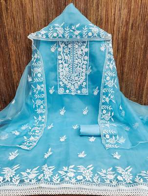 Manvaa women's sky blue unstitched heavy thread embrodiery organza dress material  4