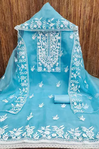 Manvaa women's sky blue unstitched heavy thread embrodiery organza dress material 