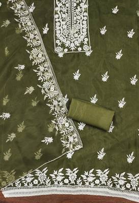 Manvaa women's olive heavy thread embrodiery organza dress material 2