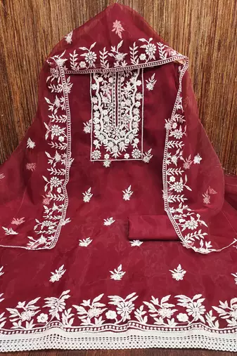 Manvaa women's red heavy thread embrodiery organza dress material