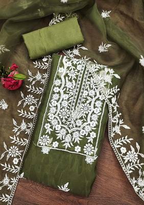 Manvaa women's olive heavy thread embrodiery organza dress material 3