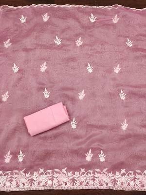 Manvaa women's baby pink heavy thread embrodiery organza dress material 5