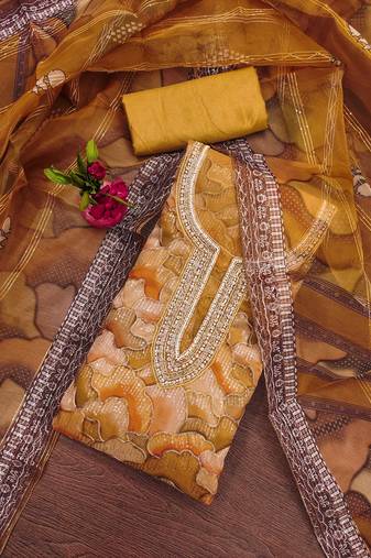 Manvaa women's mustard unstitched stylish sequence work with position print 