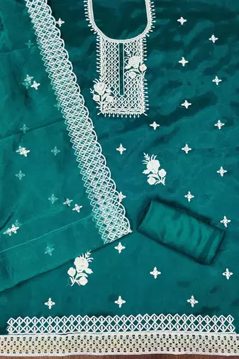 Manvaa women's teal heavy thread embrodiery organza dress material