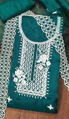 Manvaa women's teal heavy thread embrodiery organza dress material 3