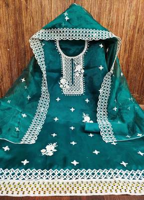 Manvaa women's teal heavy thread embrodiery organza dress material 4