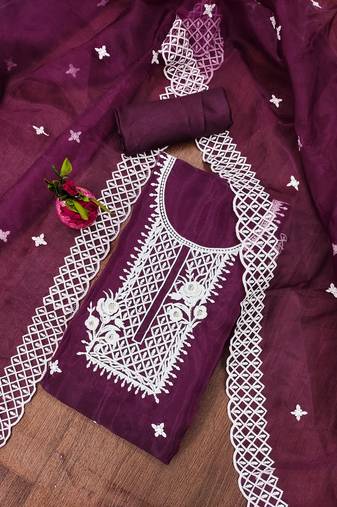 Manvaa women's purple unstitched heavy thread embrodiery organza dress material 