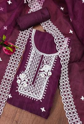 Manvaa women's purple heavy thread embrodiery organza dress material 3