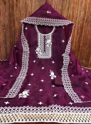 Manvaa women's purple heavy thread embrodiery organza dress material 4