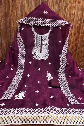 Manvaa women's purple heavy thread embrodiery organza dress material
