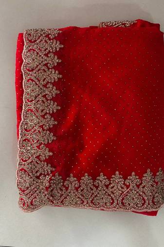 Red Color Handicraft Georgette Diamond  Wedding Bridal Saree
