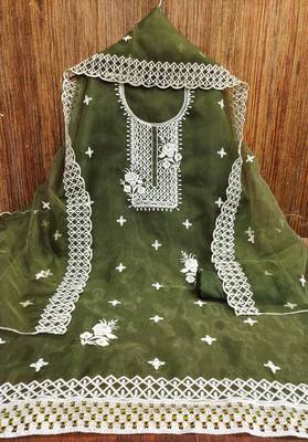 Manvaa women's olive heavy thread embrodiery organza dress material 4