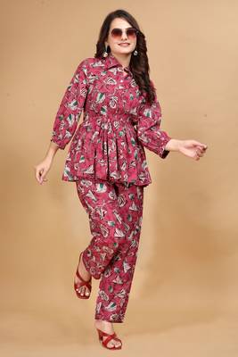 Stylish designer rayon fabric floral printed pink color cord set 1