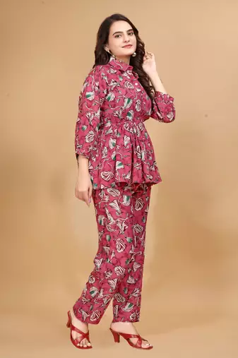 Stylish designer rayon fabric floral printed pink color cord set