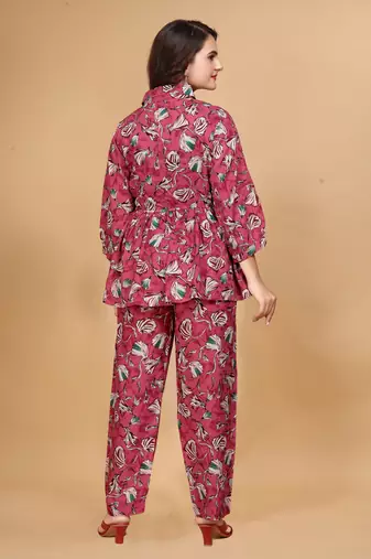 Stylish designer rayon fabric floral printed pink color cord set