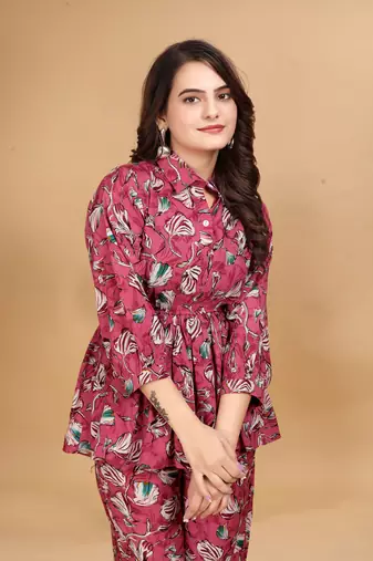 Stylish designer rayon fabric floral printed pink color cord set