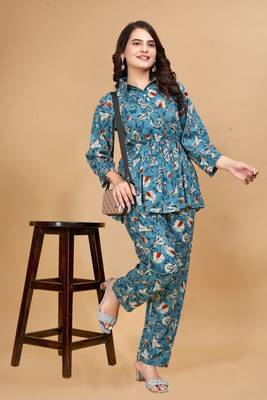 Trendy classic rayon fabric floral printed sky blue color top and bottom set 1