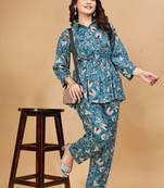 Trendy classic rayon fabric floral printed sky blue color top and bottom set