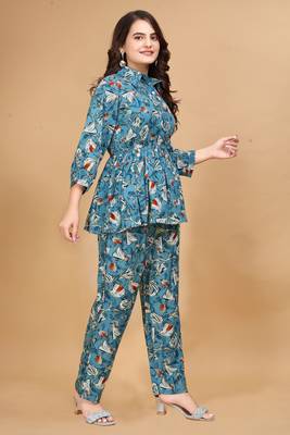 Trendy classic rayon fabric floral printed sky blue color top and bottom set 2