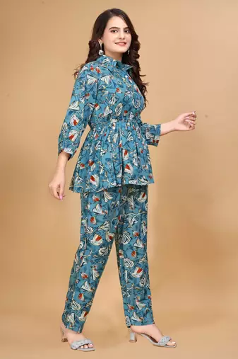 Trendy classic rayon fabric floral printed sky blue color top and bottom set