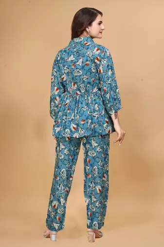 Trendy classic rayon fabric floral printed sky blue color top and bottom set