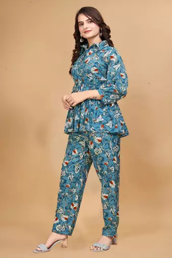 Trendy classic rayon fabric floral printed sky blue color top and bottom set