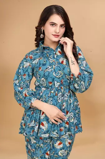 Trendy classic rayon fabric floral printed sky blue color top and bottom set