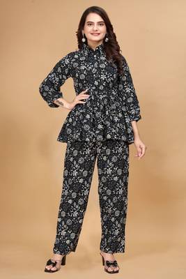 Dark blue color rayon fabric floral printed top and bottom set 1